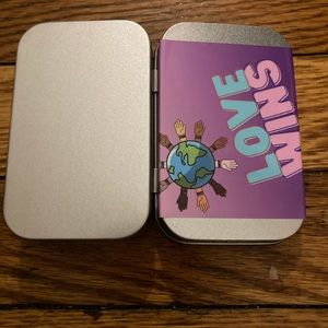 Silver tin stash box. Love wins